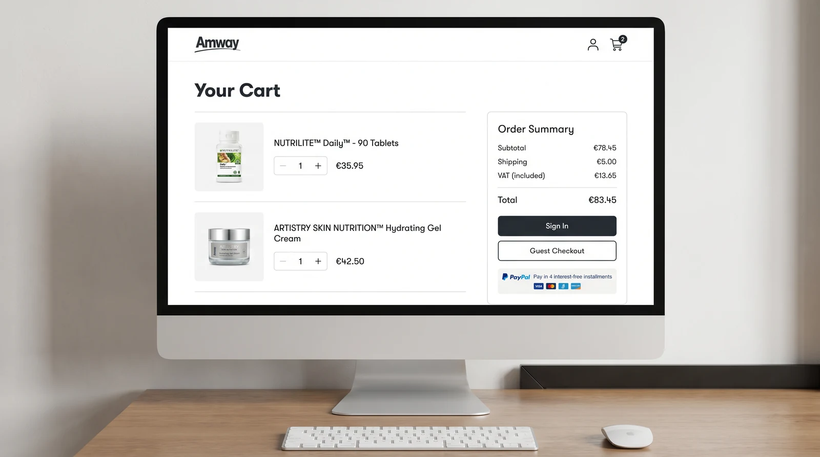 Redesigned Amway cart with Sign in and Guest Checkout buttons given equal weight, order summary, and Buy now pay later with PayPal