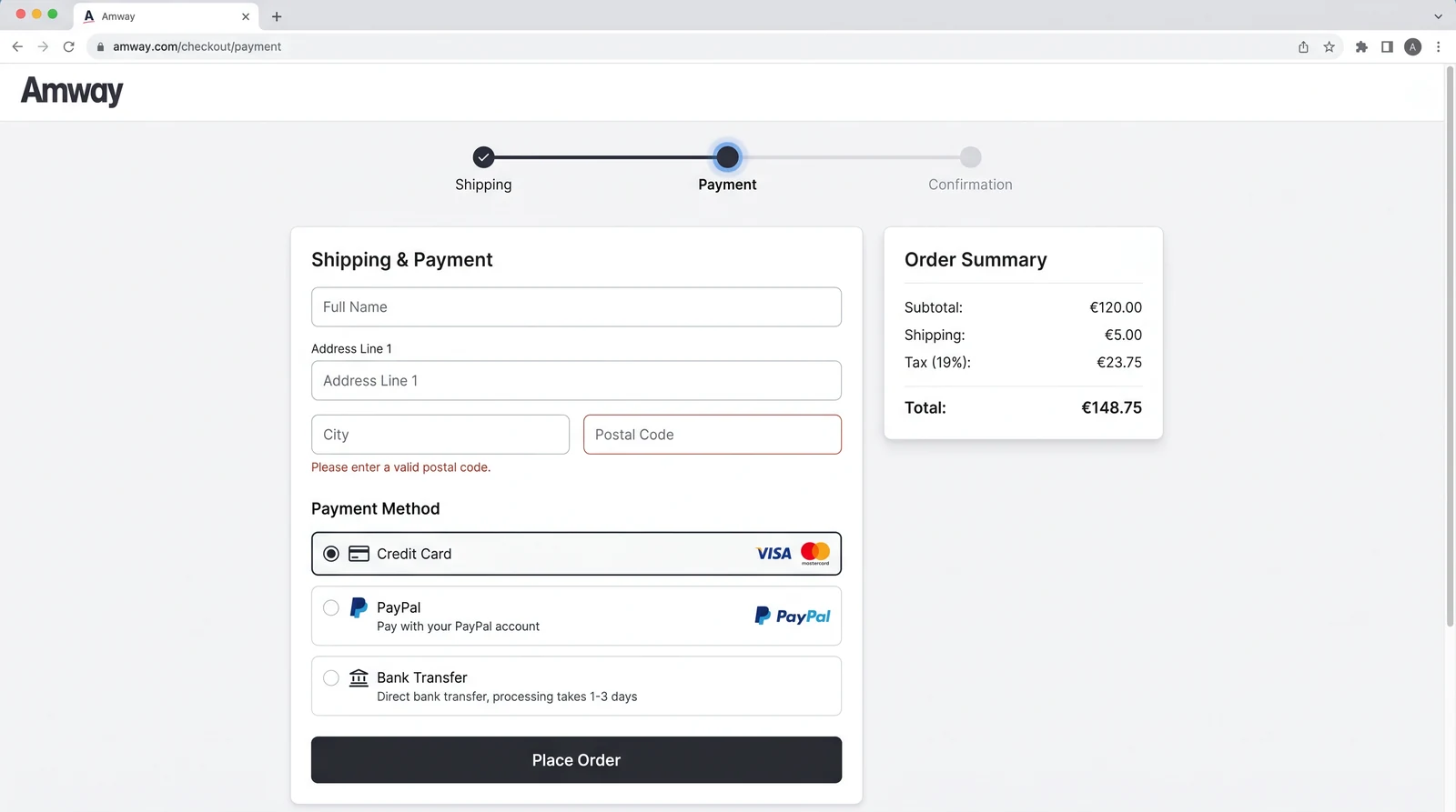 Before: Amway checkout shipping step with stacked, context-free payment options