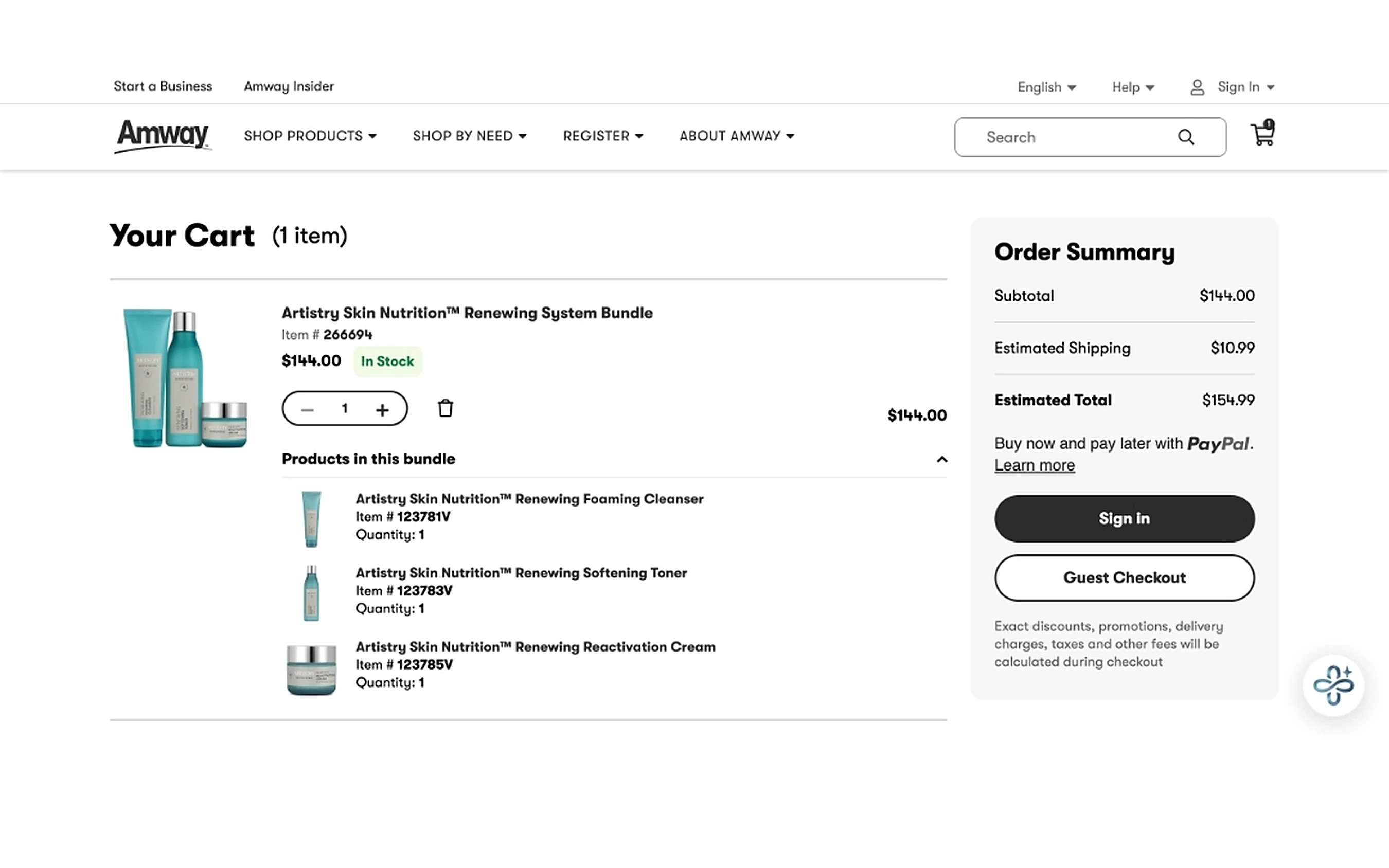 Amway cart page with order summary, Sign in and Guest Checkout calls to action, and Buy now pay later with PayPal