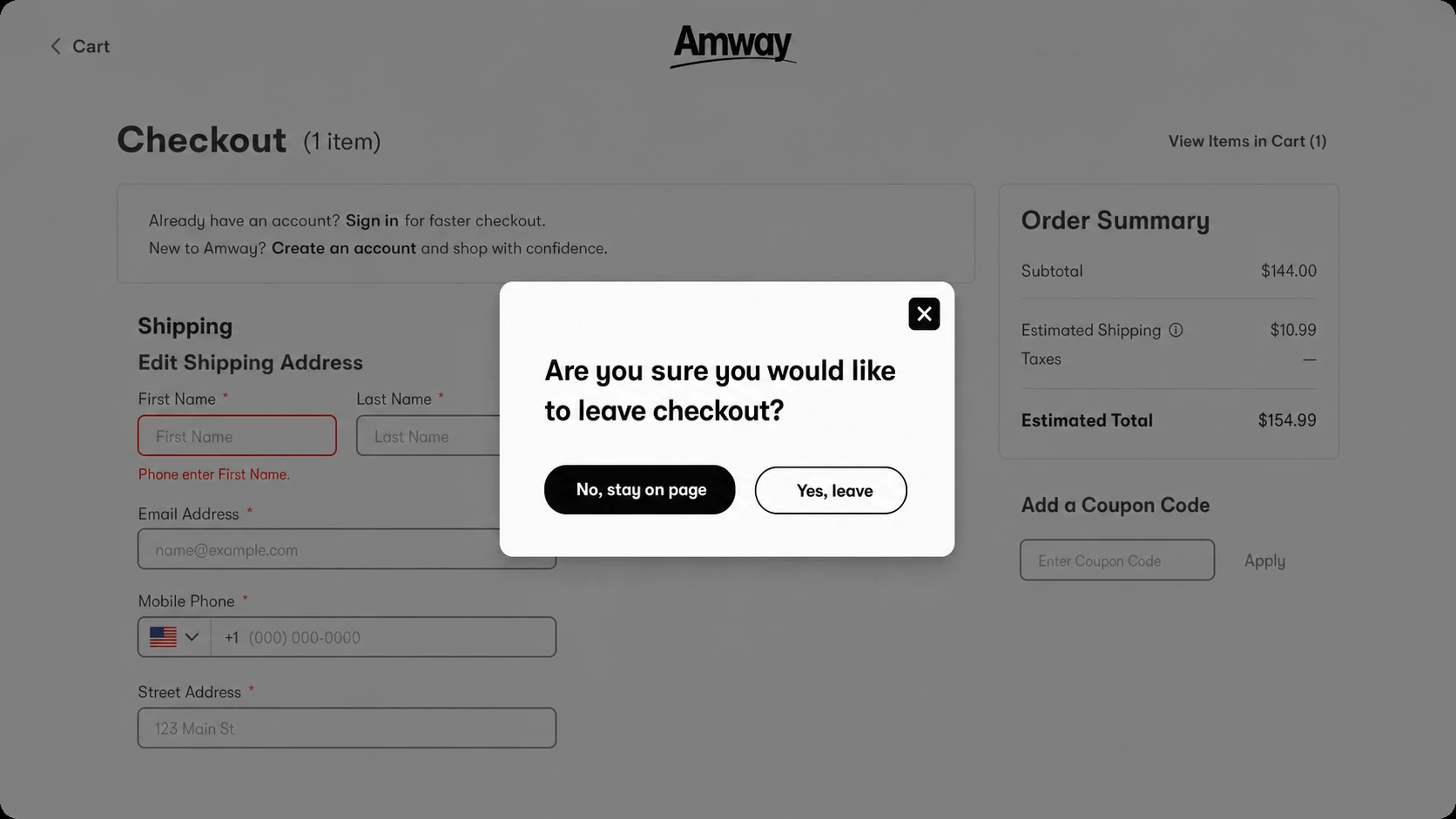 Amway leave-checkout confirmation modal asking Are you sure you'd like to leave checkout, with a primary No, stay on page button and a quieter Yes, leave option, over a dimmed shipping form