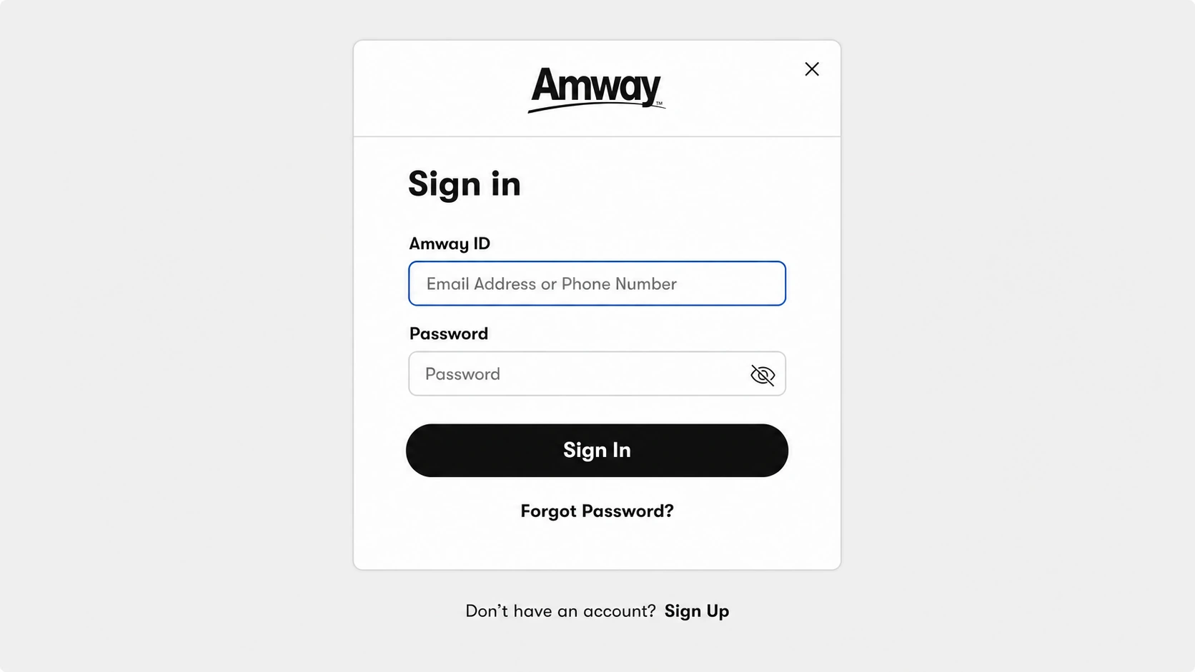 Amway Sign in modal with Amway ID and password fields, a black Sign In button, Forgot Password link, and a Sign Up prompt