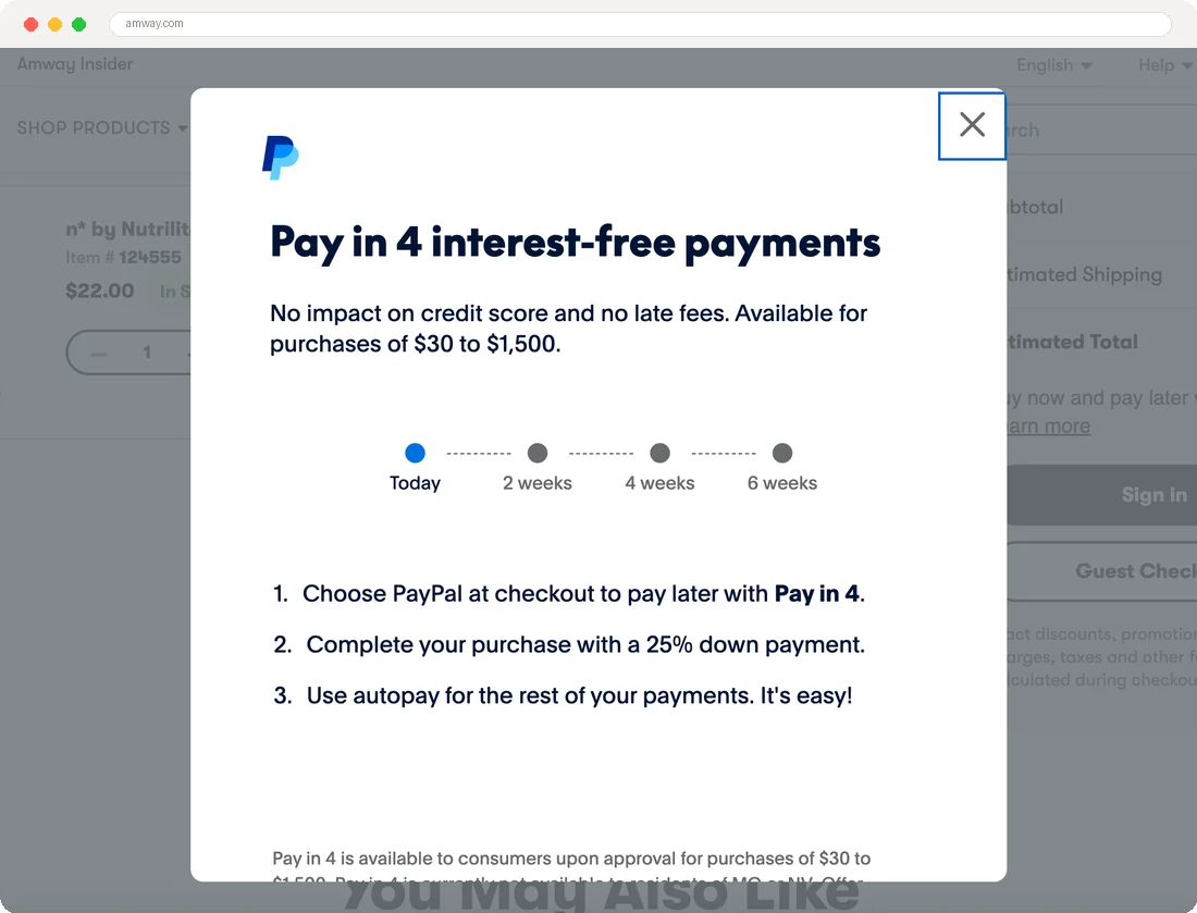 After: Amway PayPal Pay in 4 interest-free payments modal with clear terms