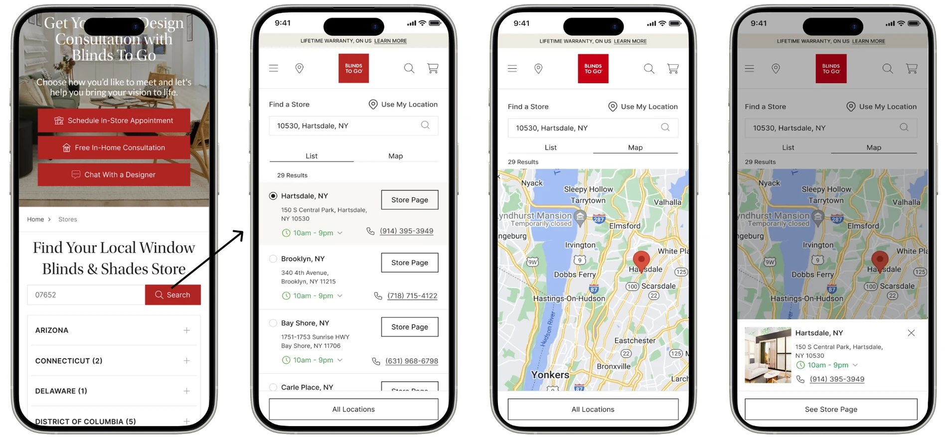Redesigned Blinds To Go mobile store-finder flow across four screens: the consultation hero into the directory, a results list with hours and phone numbers, a map view, and a selected store card with a See Store Page action