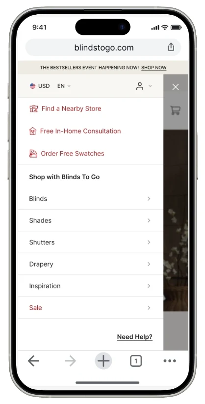 After: the redesigned mobile menu — Find a Nearby Store, Free In-Home Consultation, and Order Free Swatches surfaced to the top as red action items, with a clean Shop with Blinds To Go category list and a Need Help link