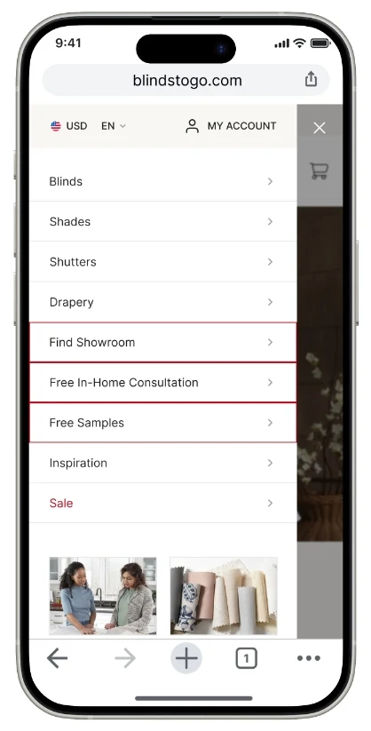 Before: the original mobile menu — a long product-first list where Find Showroom, Free In-Home Consultation, and Free Samples are buried mid-list with no booking emphasis