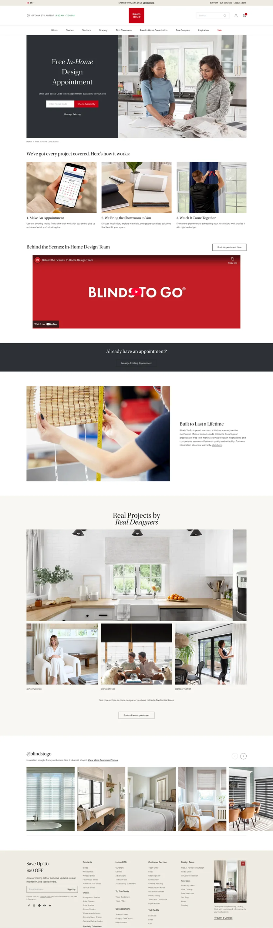Redesigned Shop at Home page: an editorial hero with a single zip-code field, a three-step strip, and a Real Projects gallery