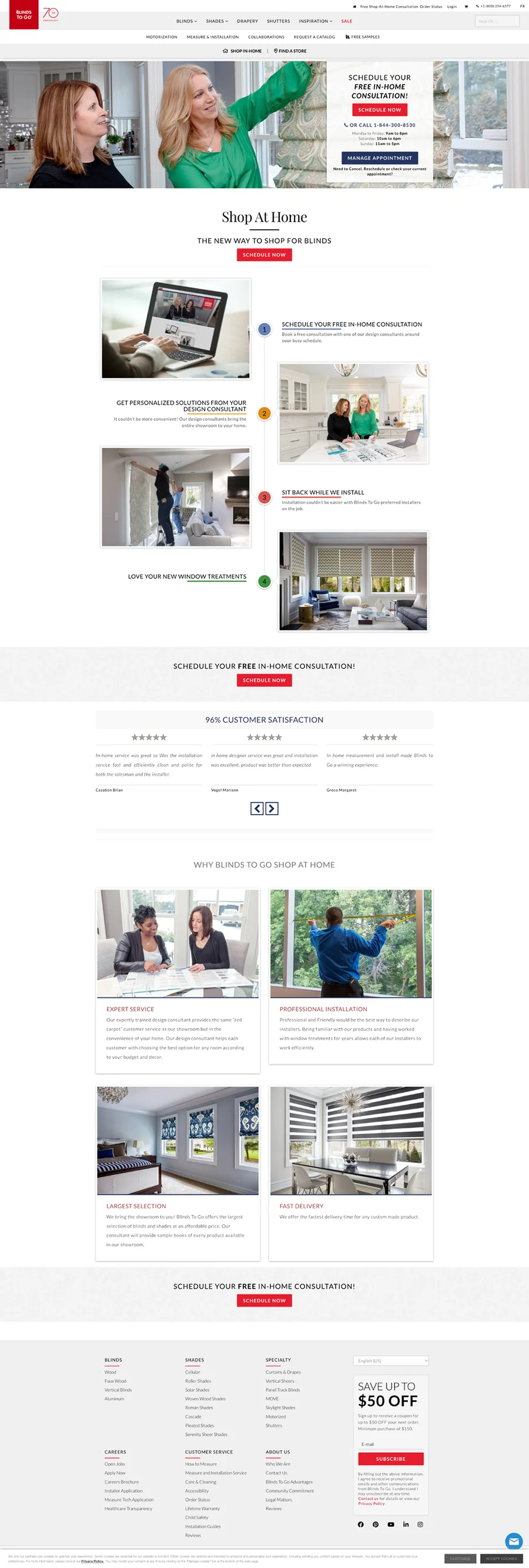 Original Shop at Home page: a busy four-step numbered explainer with small photos and a generic carousel