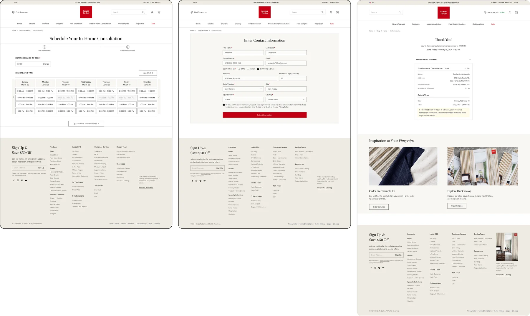 After: streamlined three-step scheduling flow with a clean time grid, a compact form, and a Thank You confirmation