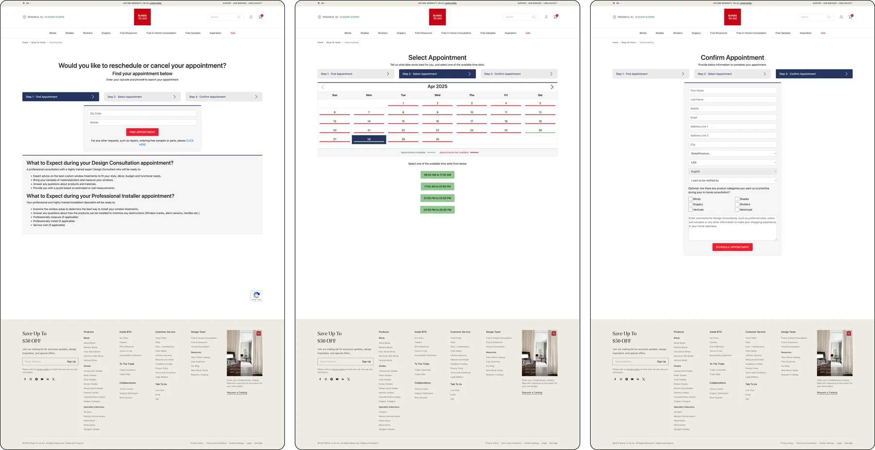 Before: dense appointment screens with a heavy form and a long What to Expect text block