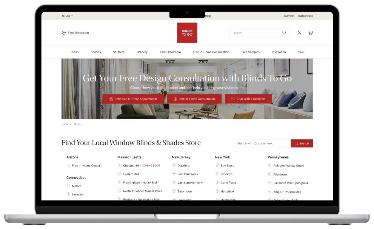 Before: showroom finder with photo cards, distance, ratings, and Plan Your Visit buttons