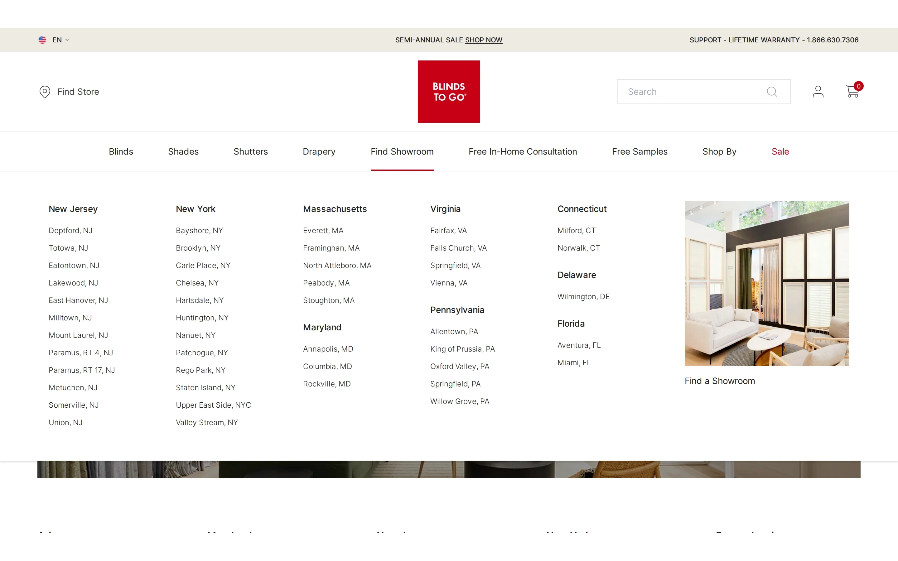 Blinds To Go store-finder page with the Find Showroom mega-menu open — showrooms listed state by state across NJ, NY, MA, VA, CT, PA, MD, FL
