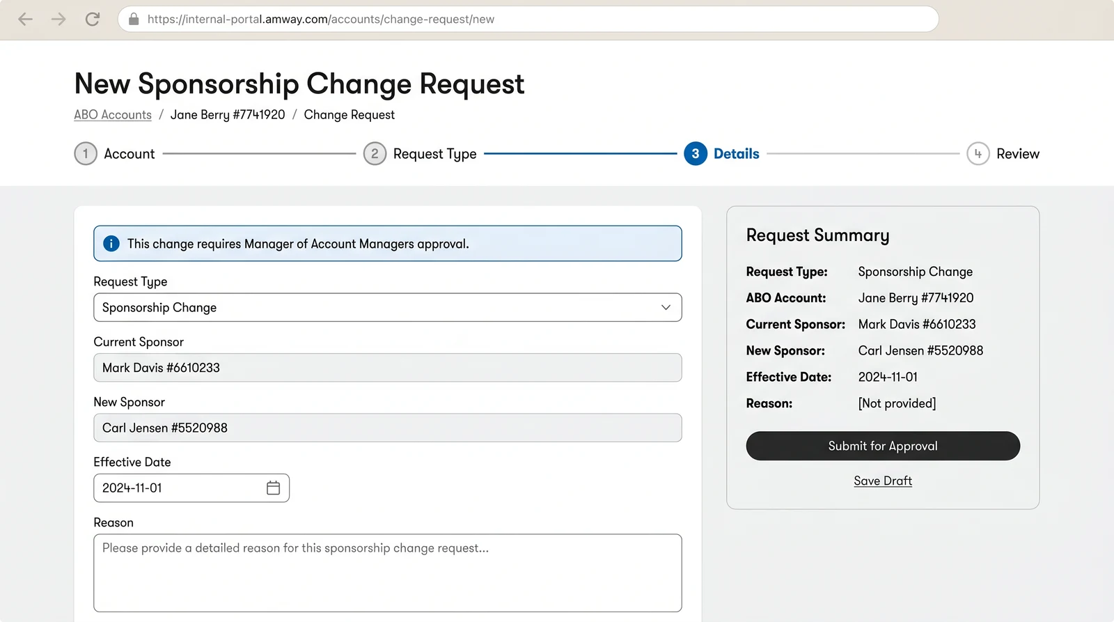 New Sponsorship Change Request form with a four-step progress indicator, current and new sponsor fields, effective date, and a request summary side panel