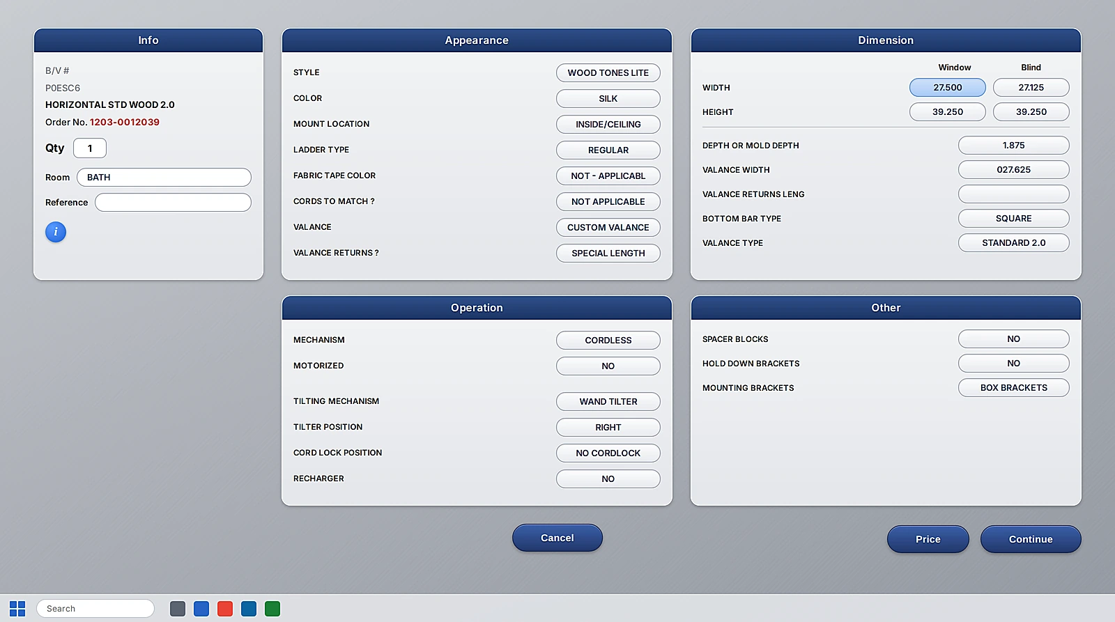 Legacy desktop order screen for a custom wood blind: five gray Windows panels titled Info, Appearance, Dimension, Operation, and Other, each a dense list of fields such as style, color, mount location, window and blind width and height, mechanism, and bracket type, with Cancel, Price, and Continue buttons