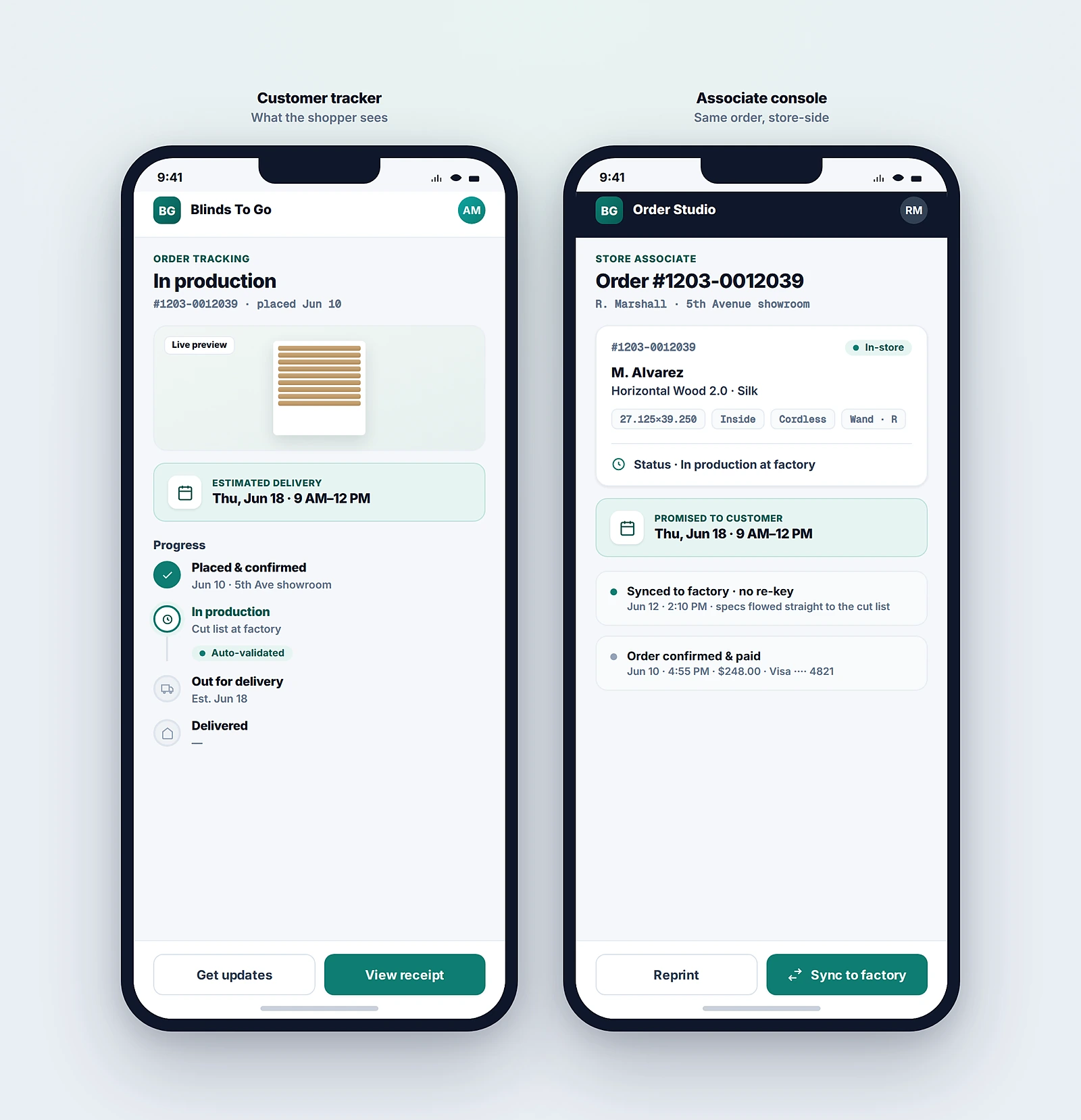 Two mobile screens side by side: a customer order tracker with a production status timeline and estimated delivery, and a store-associate console showing the same order with its made-to-order spec chips, factory status, and a Sync to Factory action