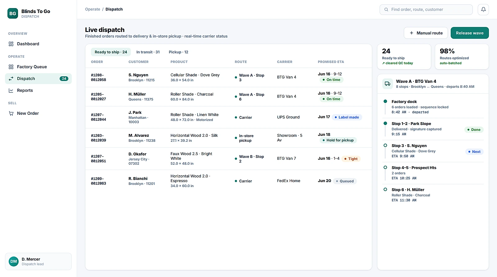 Live dispatch board where finished orders from the store, online, and phone channels land in one queue: a table with order ID, customer, product, route, carrier, and promised ETA, beside a delivery-route timeline with sequenced stops and real-time status
