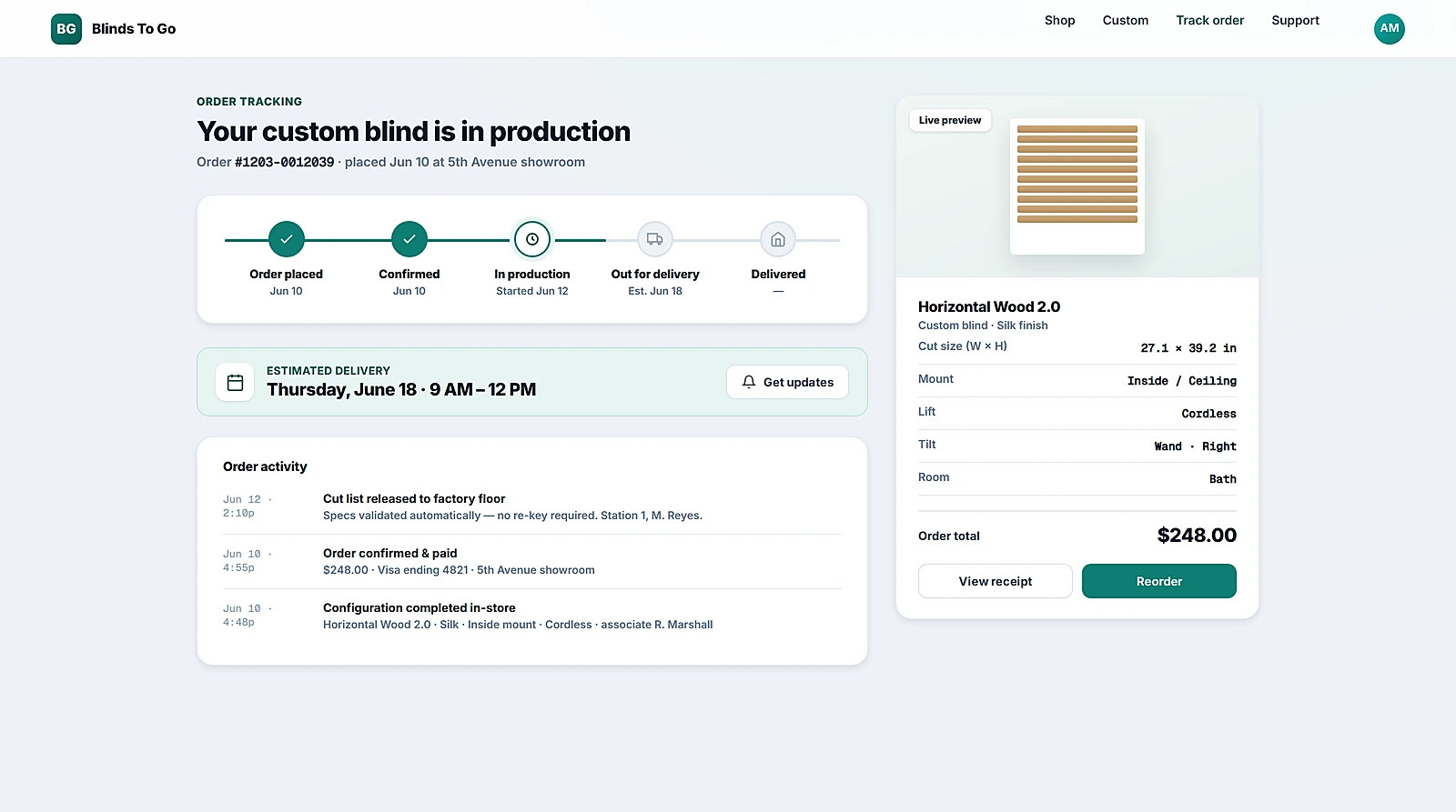 Customer-facing order tracking web page: a horizontal production status timeline from order placed through delivered with completed, active, and upcoming steps, an estimated-delivery banner, an order-activity log, and an order-detail card showing the product preview, made-to-order specification, total paid, and View receipt and Reorder actions
