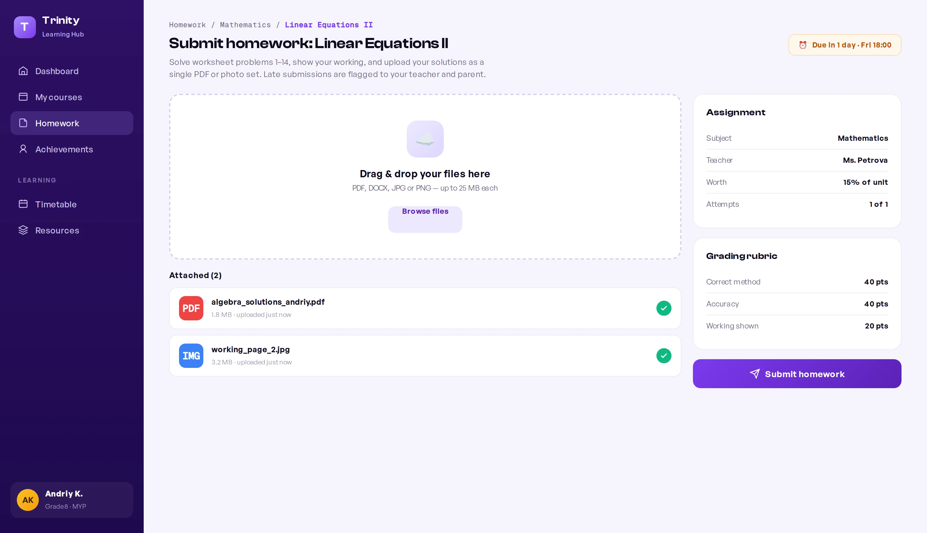 Homework submission screen with a drag-and-drop upload zone, attached files, assignment details, grading rubric, and a submit button