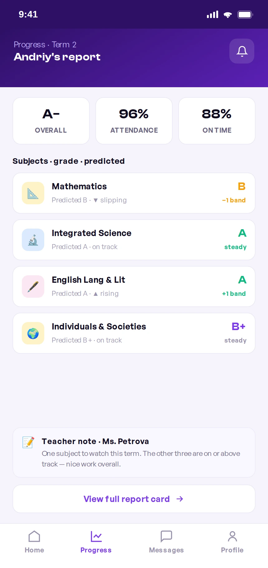 Mobile report card showing overall grade A-minus, attendance, on-time rate, and predicted grade per subject with trend indicators