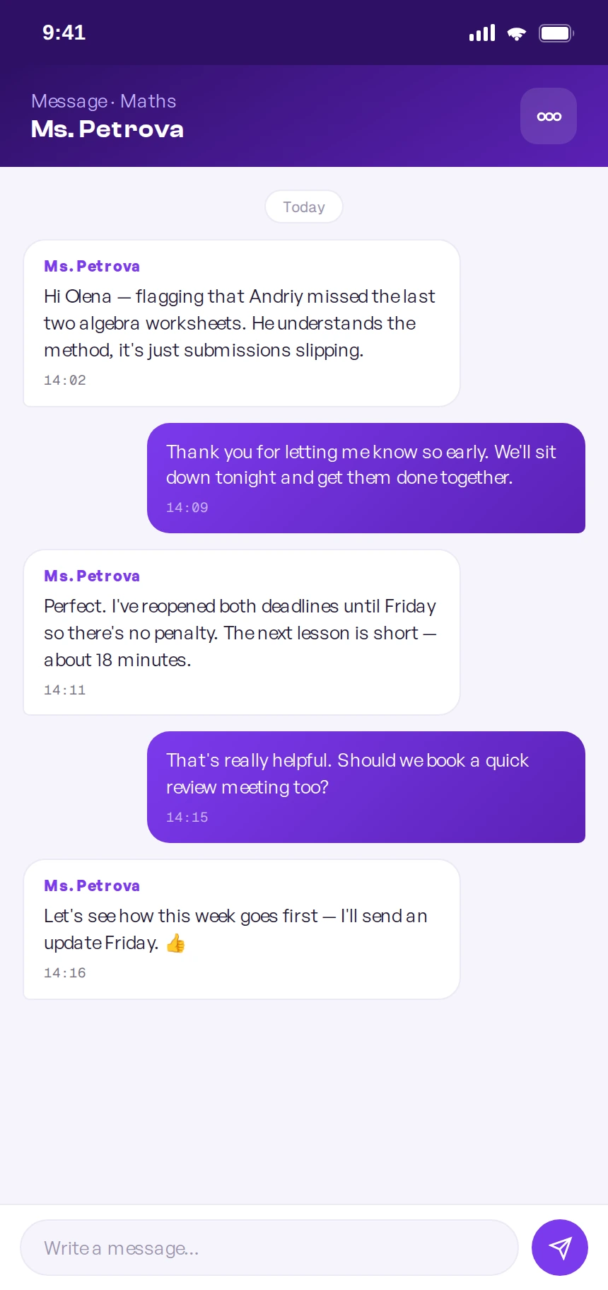 Mobile message thread between a parent and Ms. Petrova about a child's missed maths homework, with a reply composer