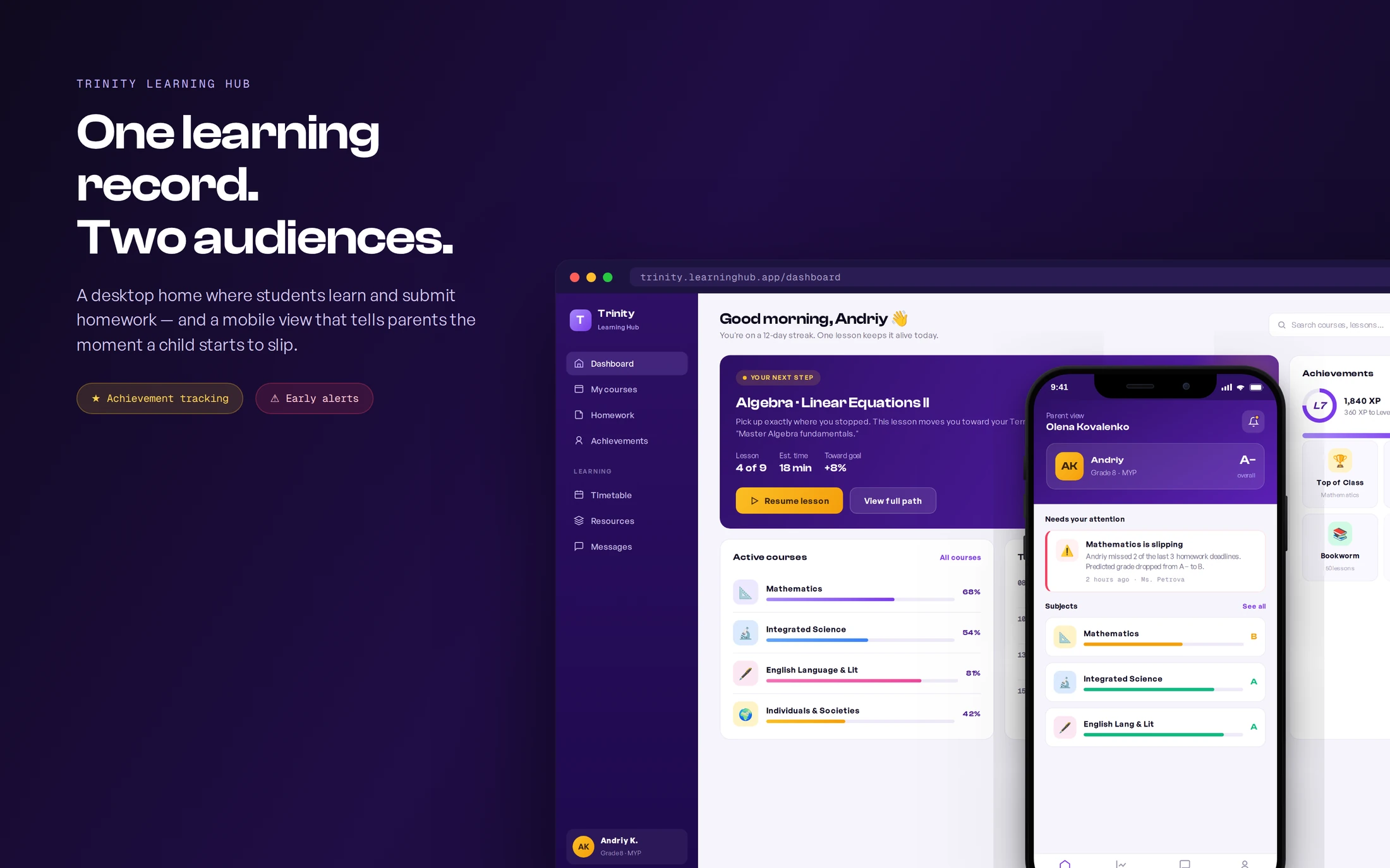 Trinity Learning Hub product presentation: a desktop student dashboard in a browser frame beside a parent mobile app, over a study-desk scene, under the headline One learning record, two audiences