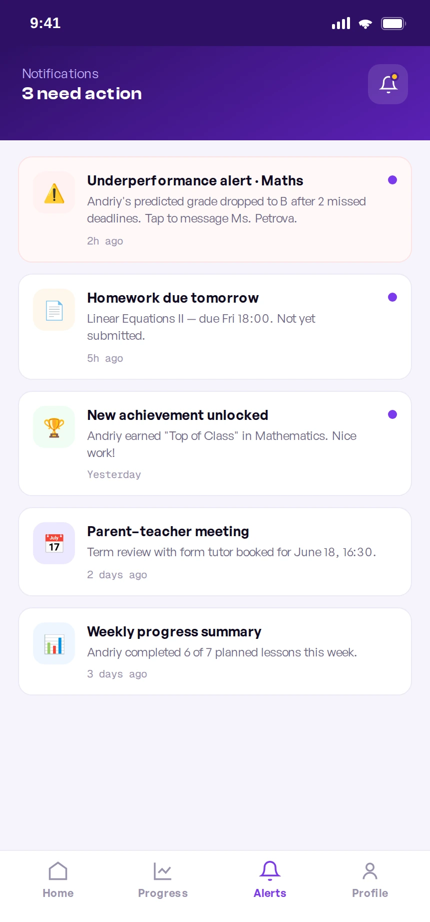 Parent mobile notifications screen with an underperformance alert, homework-due reminder, achievement unlocked, and parent-teacher meeting notification