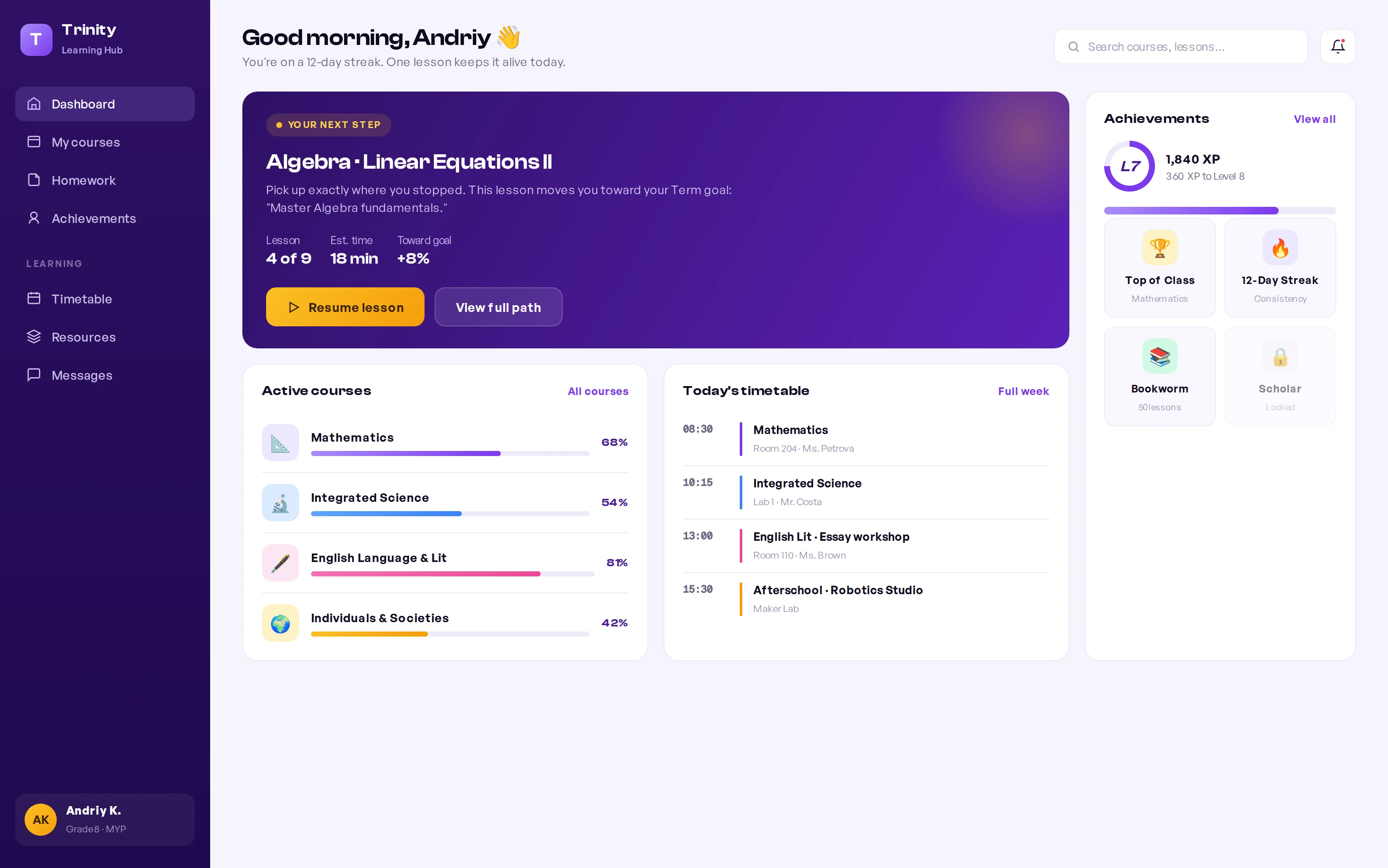 Trinity Learning Hub student dashboard